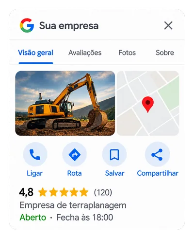 Exemplo ilustrativo de Perfil da Empresa no Google de uma terraplanagem, com foto, mapa e botões